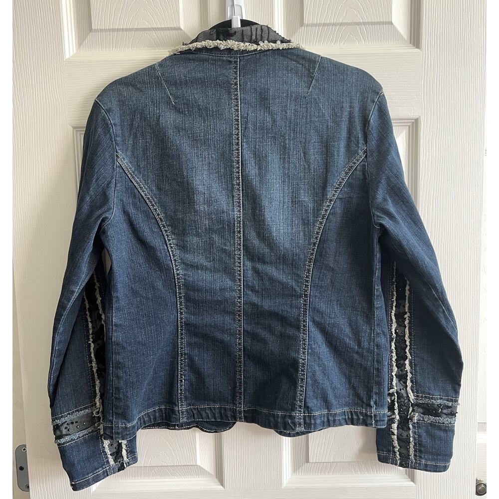 ETHYL Vintage Y2K Blk Net Embroidered Rhinestone Fitted Denim Jean Jacket Sz M - Picture 7 of 12